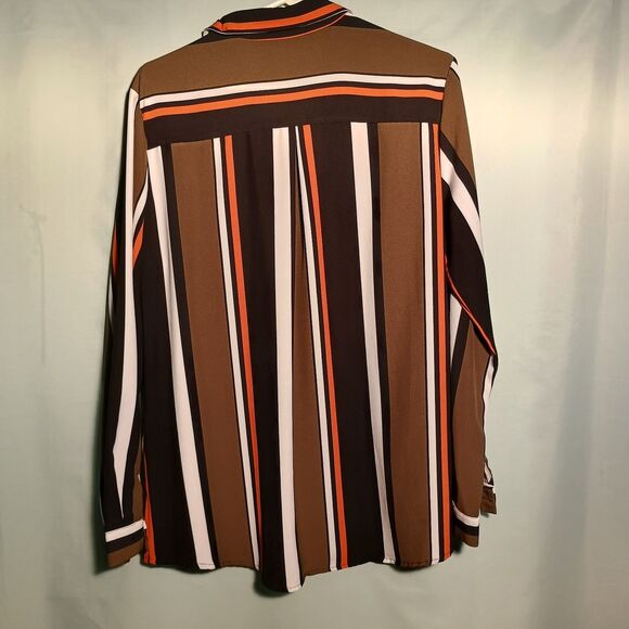 Vintage Striped Button-Up Shirt Long Sleeve Retro Brown Orange White Blouse XL - Picture 4 of 4